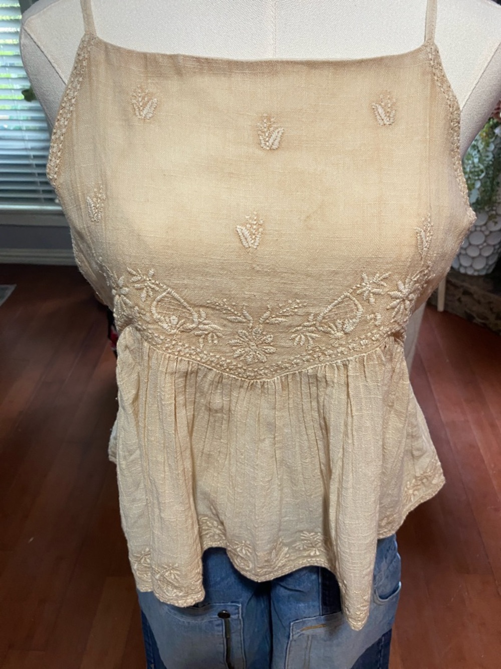 POL Cream Embroidered Spaghetti-Strap Peplum Camisole